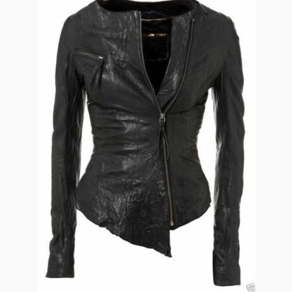 Kate Moss for Topshop Asymmetric Crinkle Black Leather Jacket Rick Owens Style